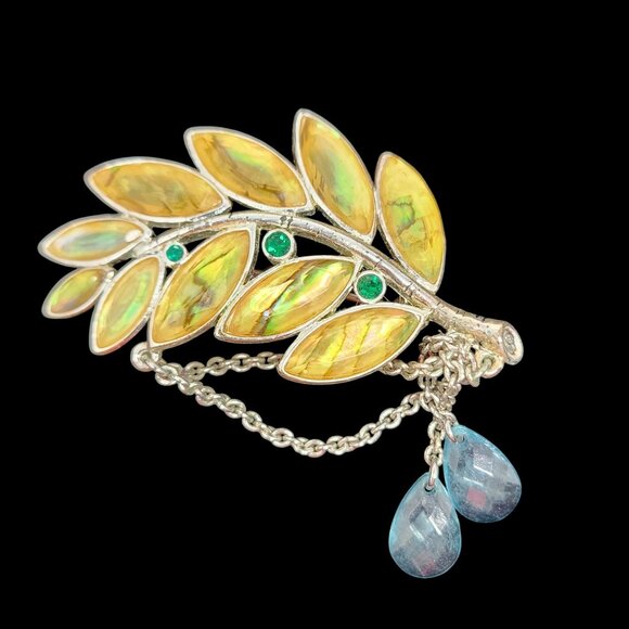 Vintage Monet Leaf Brooch With Abalone Shell & Rhinestone Accents - Picture 1 of 5